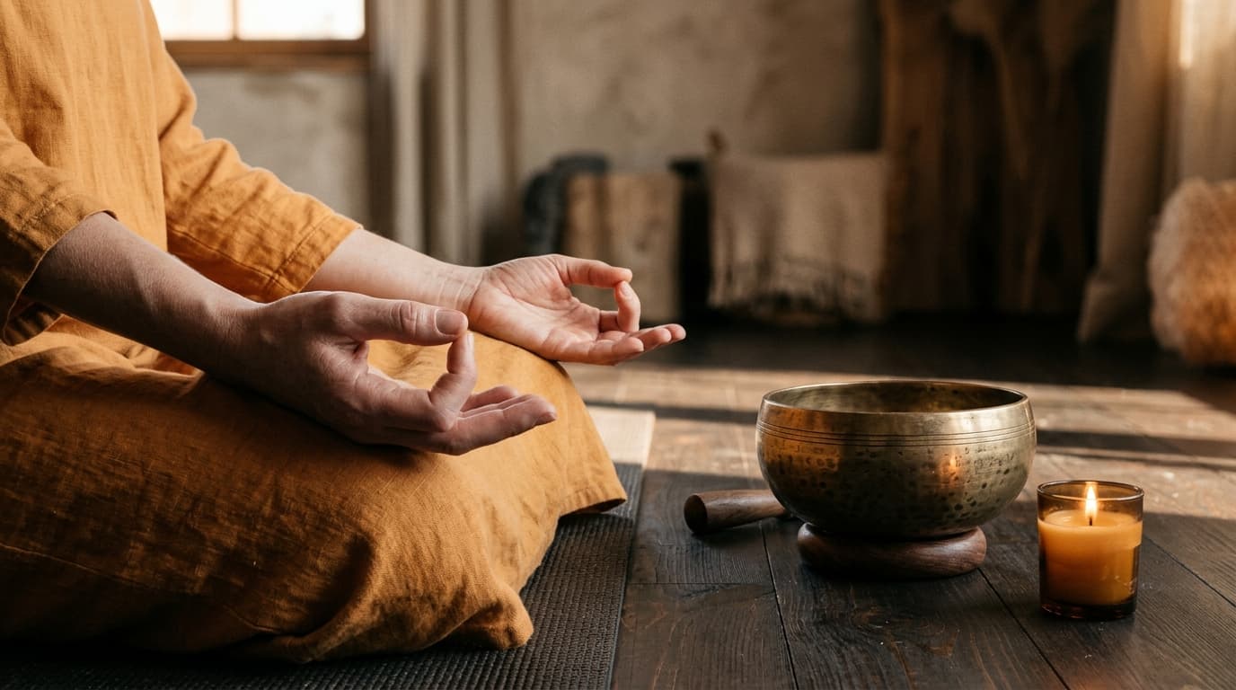 Hände in einer ruhigen Meditationsgeste neben Klangschale und Kerze