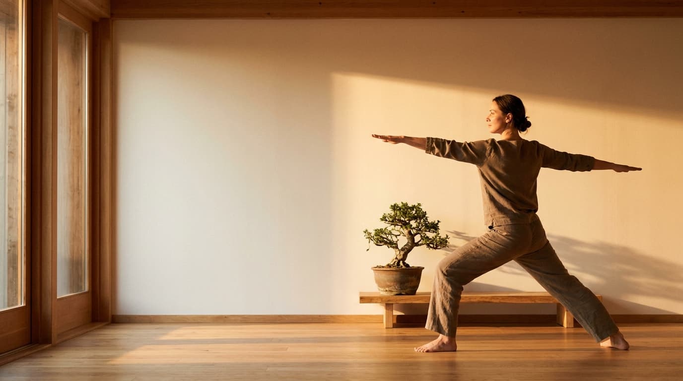 Nina in einer Yoga-Haltung im warmen Morgenlicht des Aurora-Studios