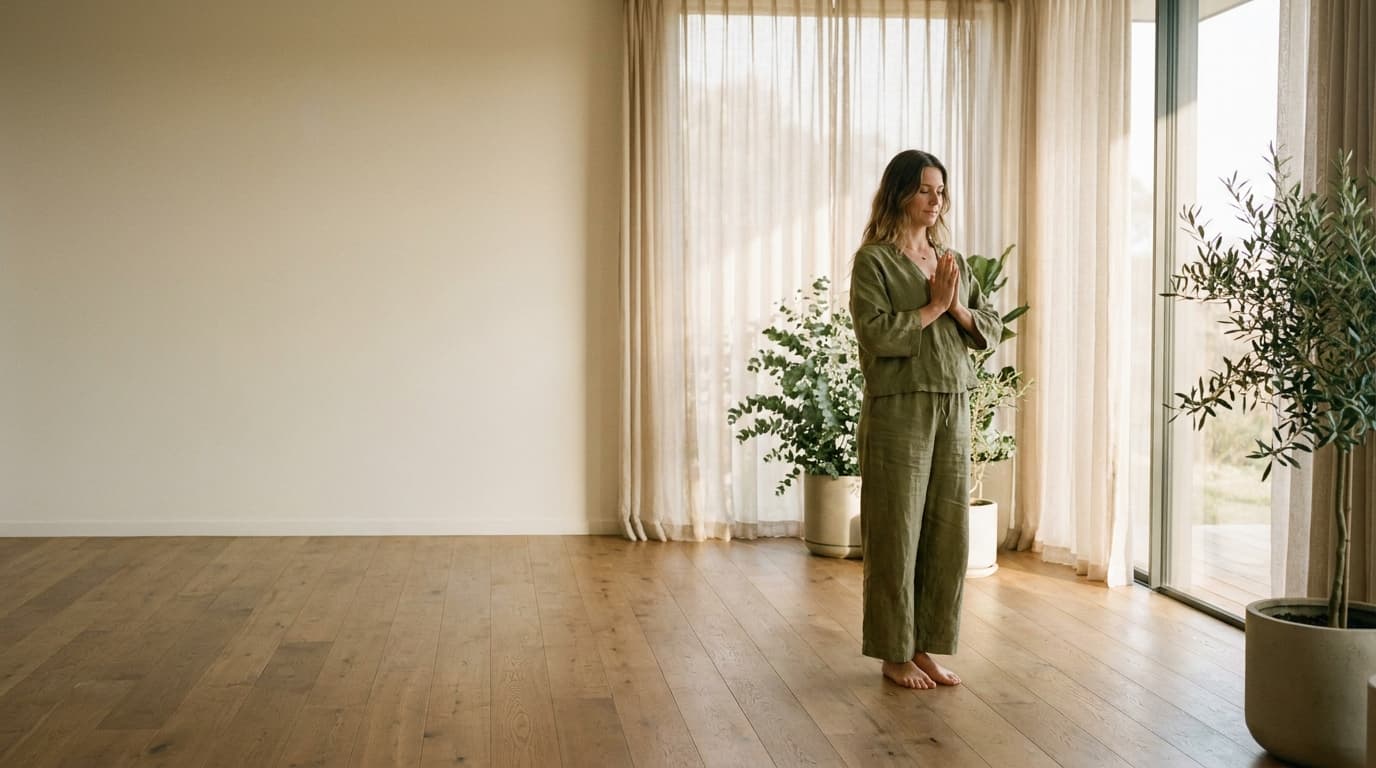 Frau in einer ruhigen Yoga-Haltung im morgendlichen Licht eines Zürcher Studios