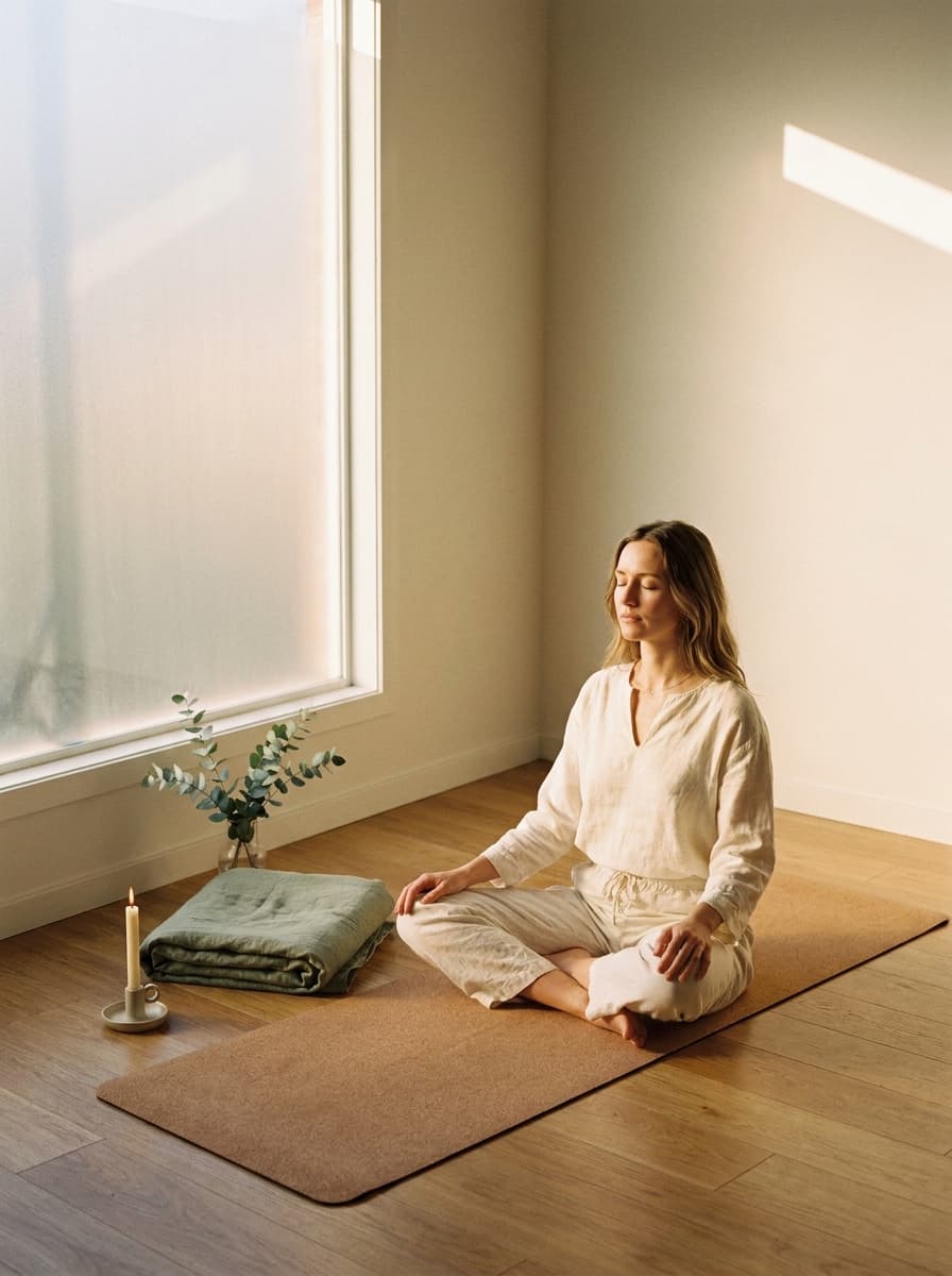Person bei geführter Meditation im ruhigen Yoga-Studio im Seefeld, Zürich