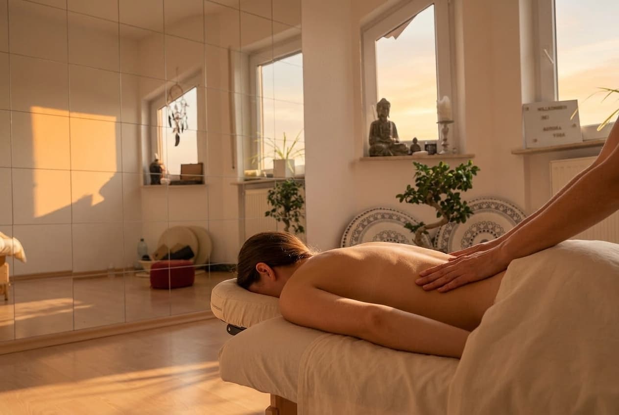 Entspannungsmassage im warmen Behandlungsraum von Aurora Yoga & Wellness