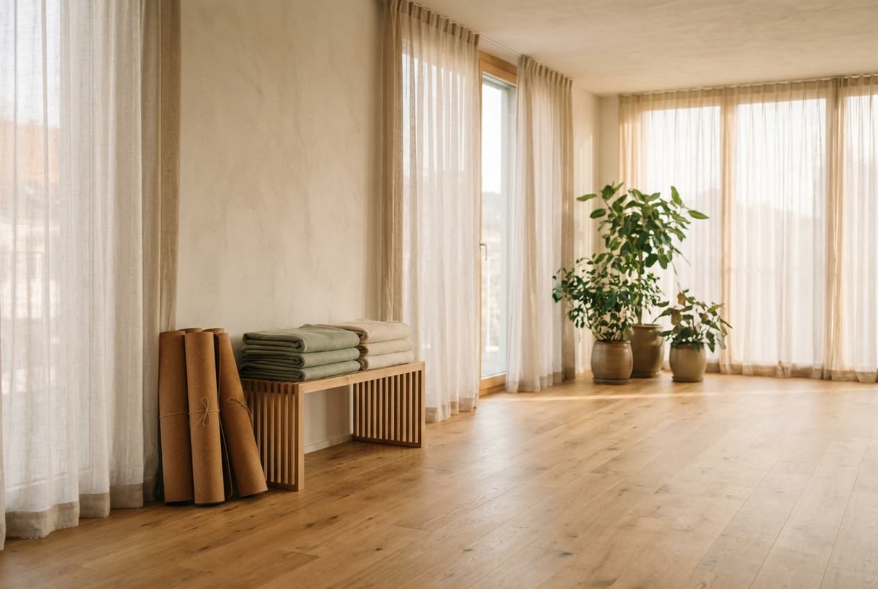 Ruhiges, lichtdurchflutetes Yoga-Studio mit Eichenboden und grossen Fenstern