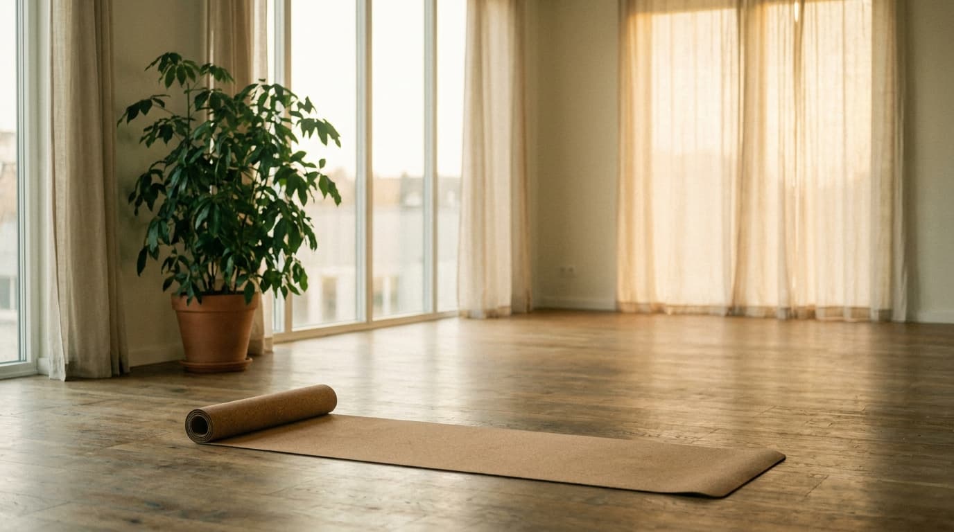 Eine ausgerollte Yogamatte im warmen Morgenlicht eines Zürcher Studios
