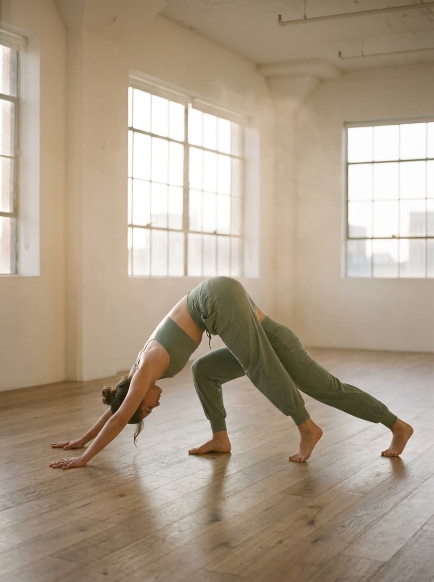 Yogi:ni in einer Vinyasa-Haltung im sonnendurchfluteten Studio von Aurora im Zürcher Seefeld