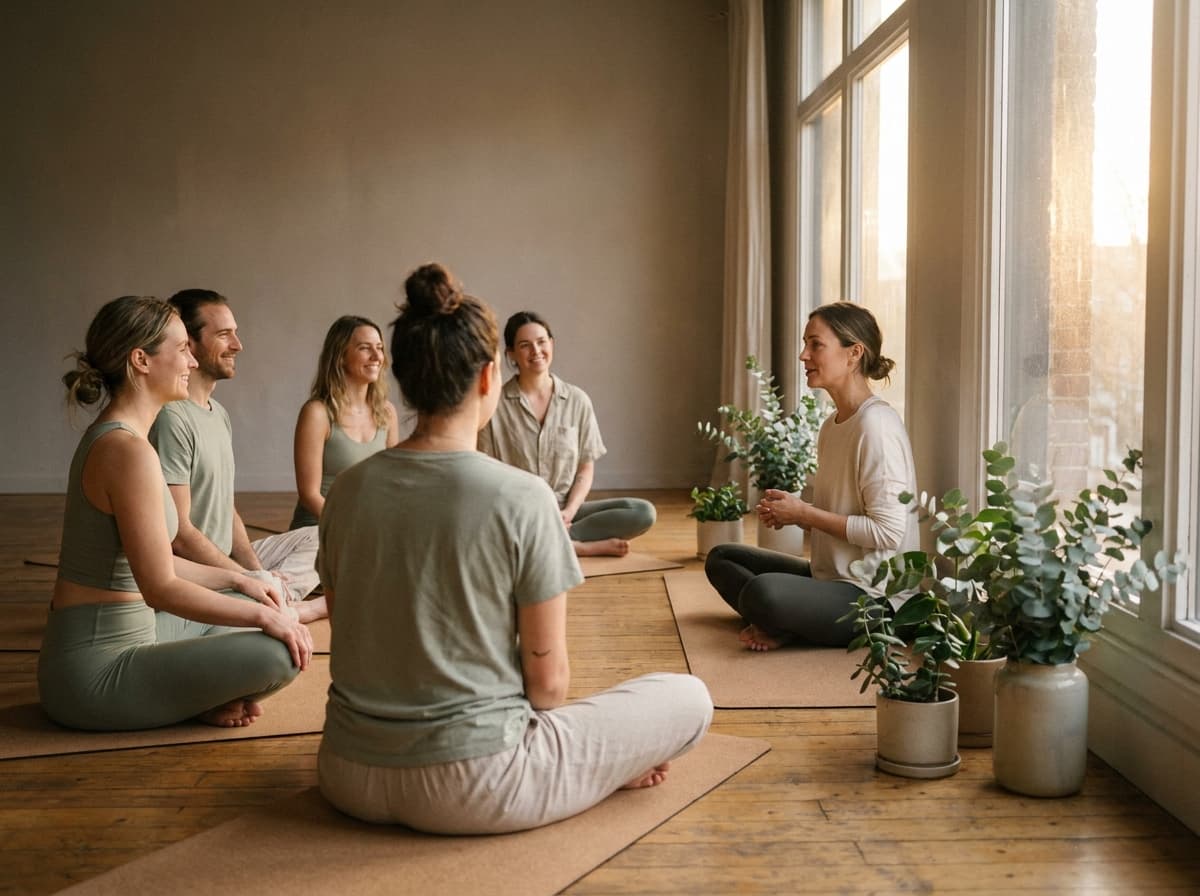 Kleine Gruppe in einem Yoga-Workshop zu Atemarbeit und Achtsamkeit bei Aurora in Zürich